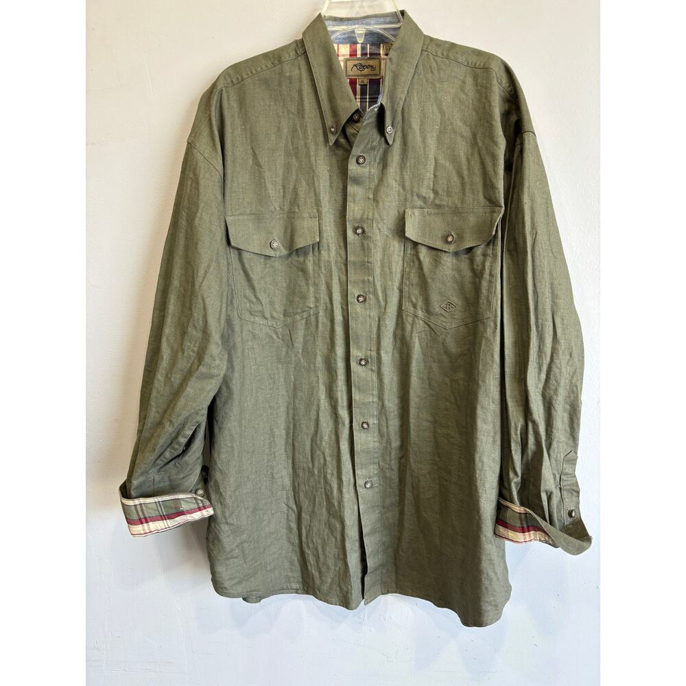 Roper Modern Western Shirt Mens XL Linen Blend Army Green Long Sleeve